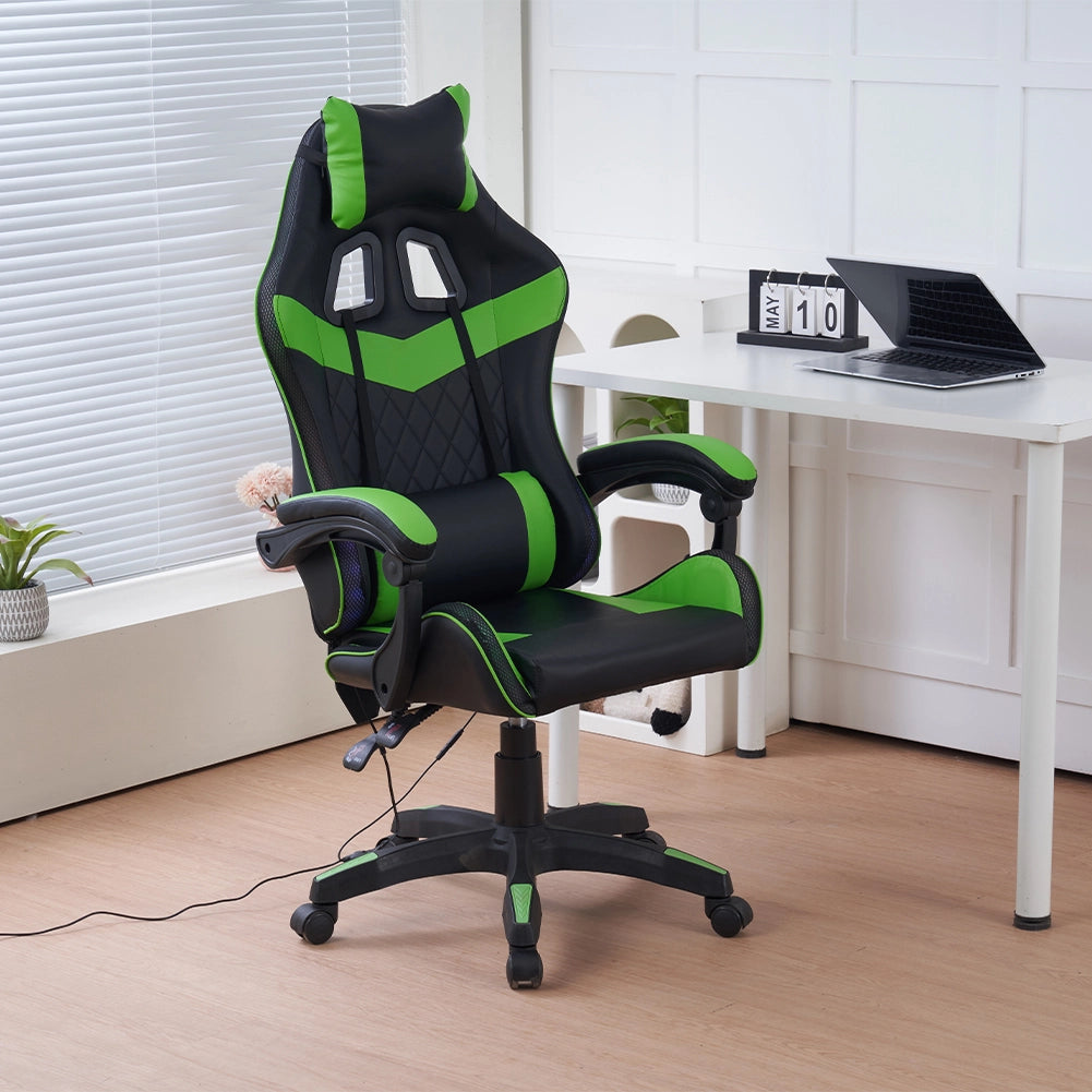 Sedia da Gaming con Led RGB Altezza Regolabile 106-116 cm in Pelle PU Verde e Nero