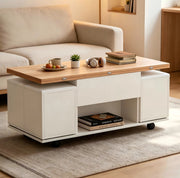 Tavolino da caffè 100x100x63.5 cm regolabile in altezza con contenitore; pannello di particelle bianco e naturale