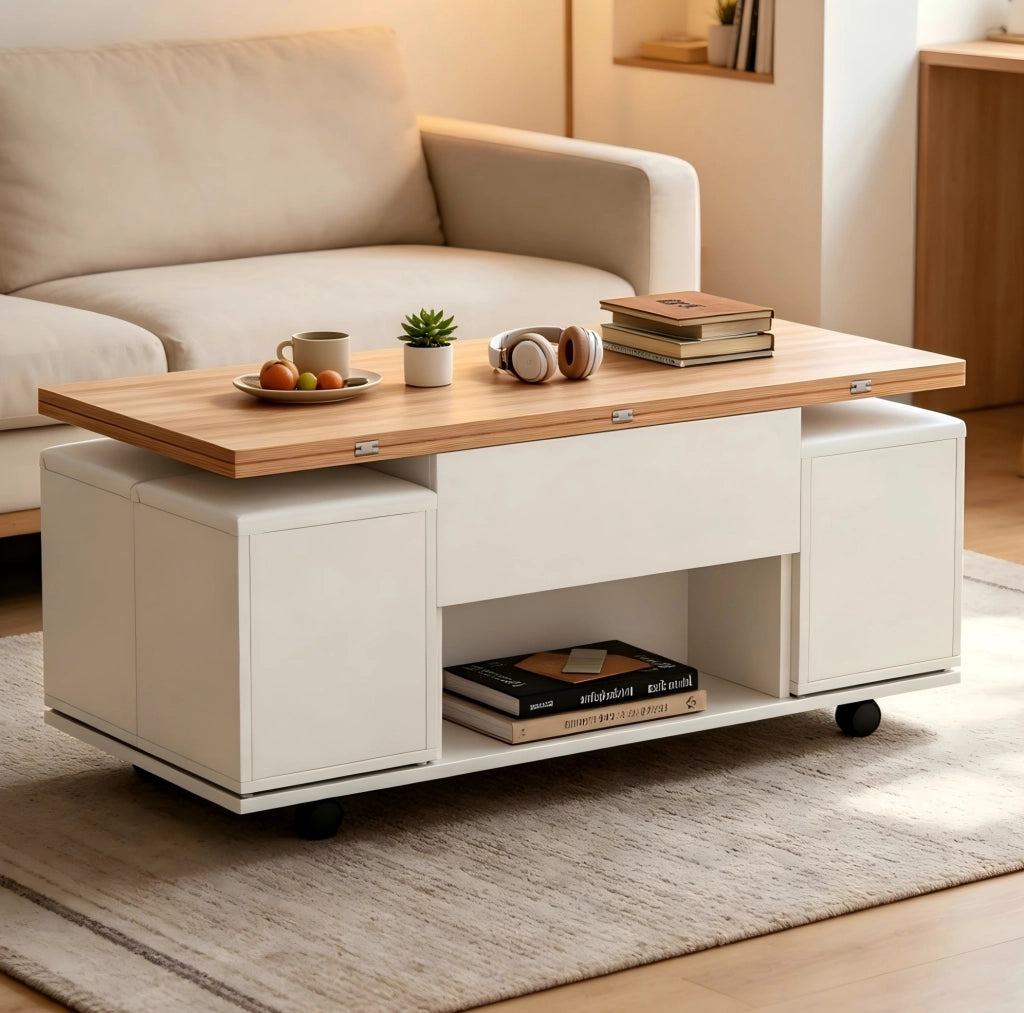 Tavolino da caffè 100x100x63.5 cm regolabile in altezza con contenitore; pannello di particelle bianco e naturale