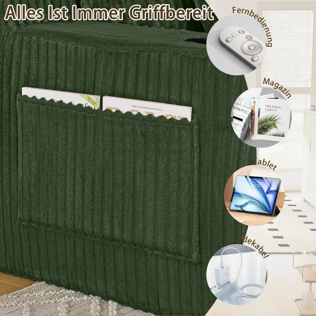 Divano letto a 2 posti modulare in tessuto a coste con tasca laterale, portabicchieri e cuscini, verde
