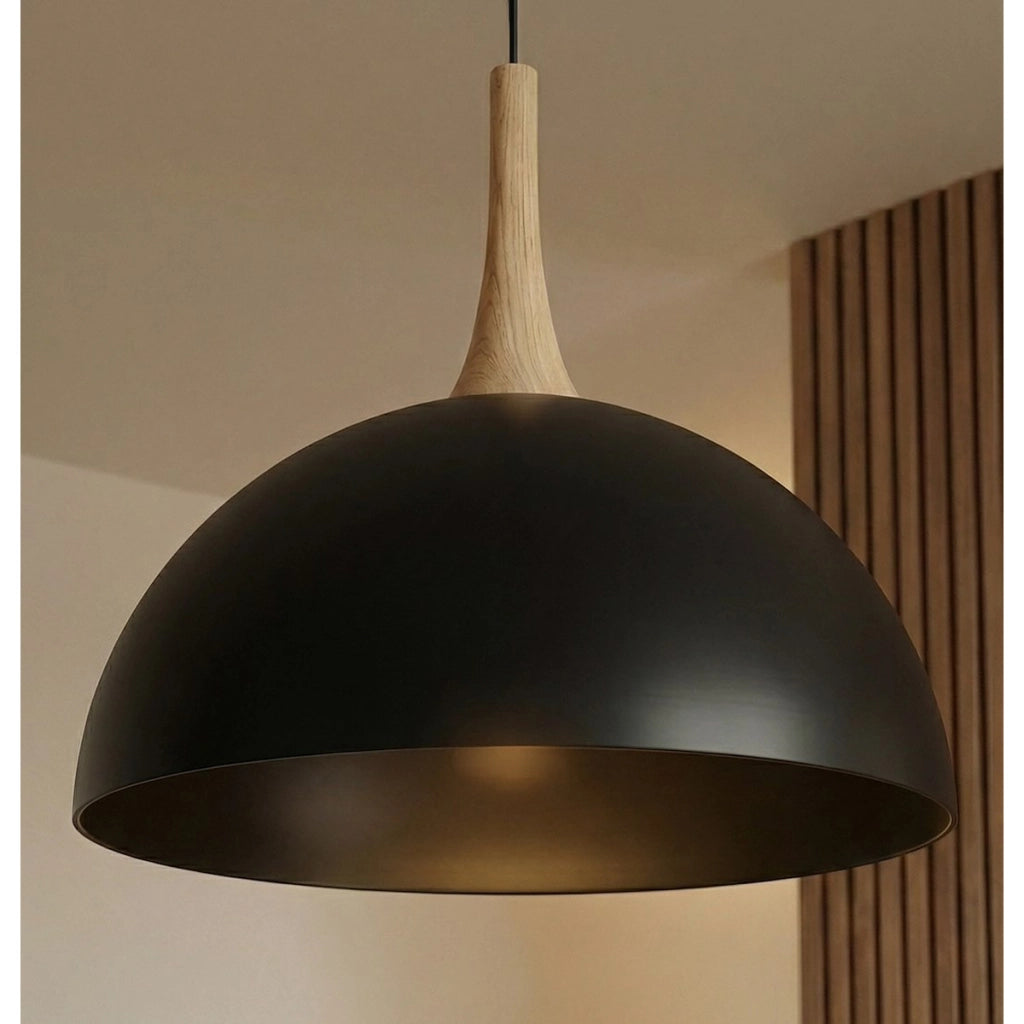 Lampada a sospensione Nautica in acciaio nero e legno