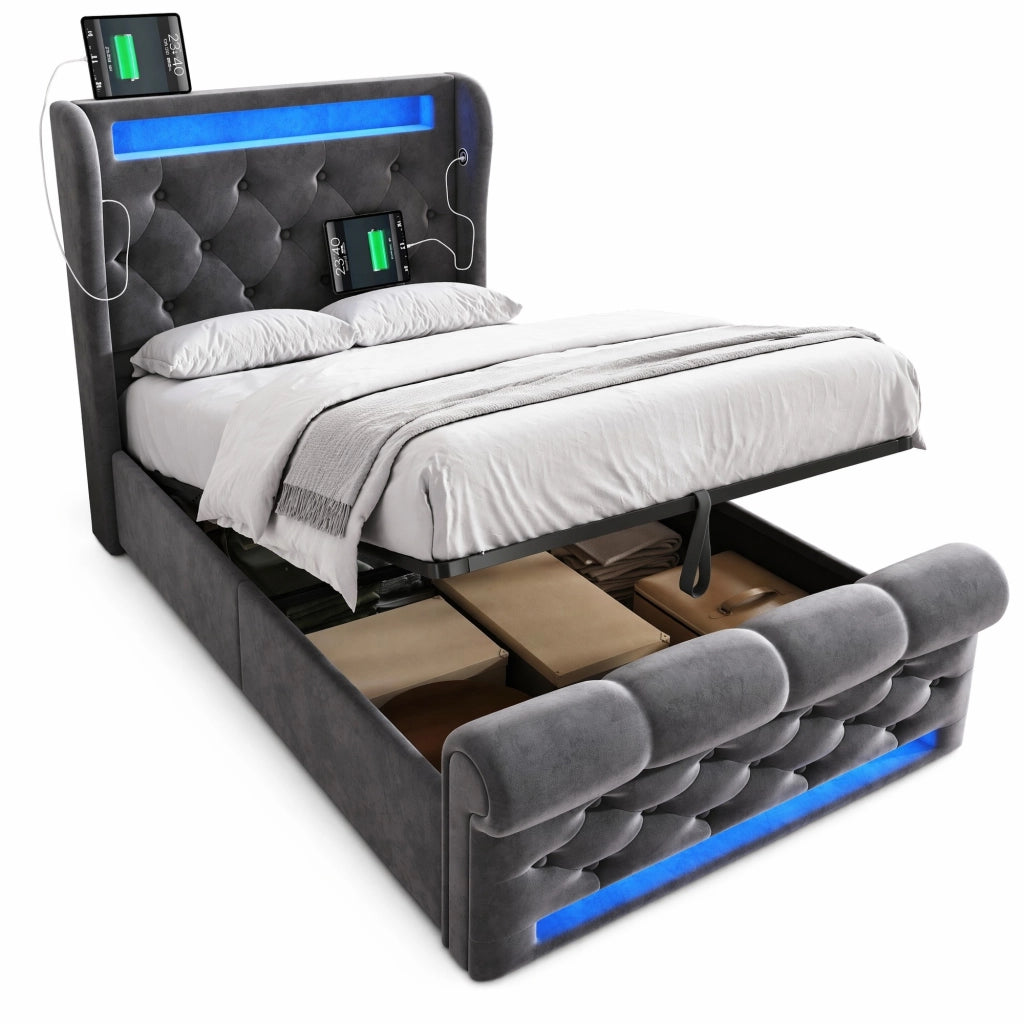 Letto singolo imbottito 90x200 cm in velluto grigio con LED; USB e Type-C; contenitore idraulico
