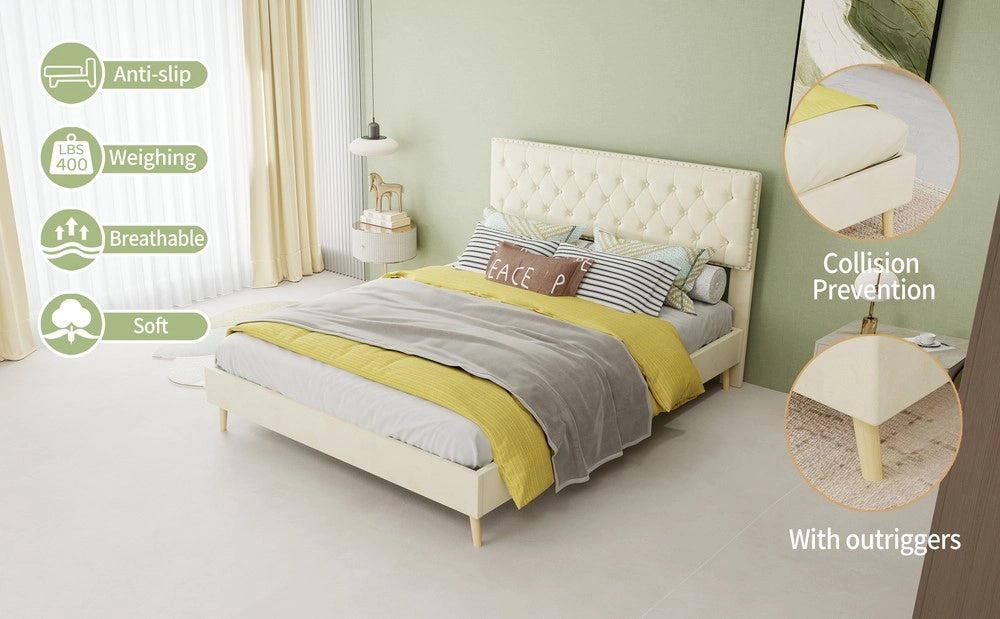 Letto Contenitore Imbottito ¨C MINIMAL ¨C Beige, Matrimoniale 140x200, con Materasso