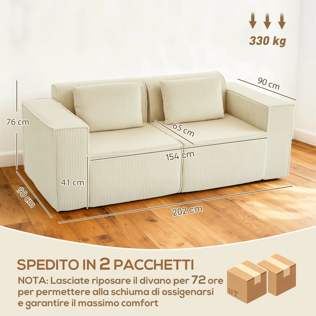 Divano 3 Posti Modulare con Seduta Profonda, Braccioli Larghi e 2 Cuscini in Velluto a Coste, Beige