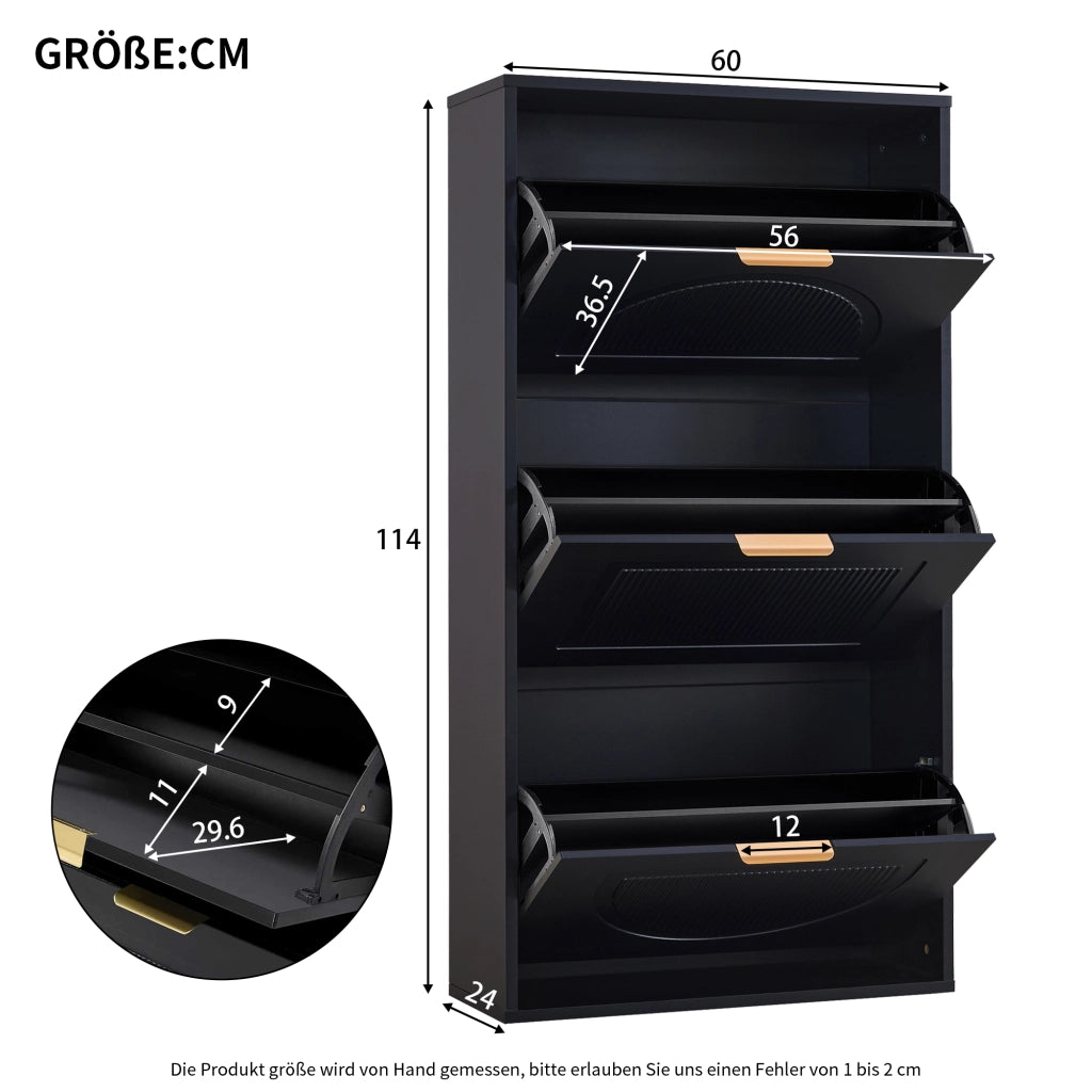 OKWISH Scarpiera Streta con 3 Ante a Ribalta e Sistema Antiribaltamento, per Ingresso o Corridoio, 60 x 24 x 114 cm, Nero