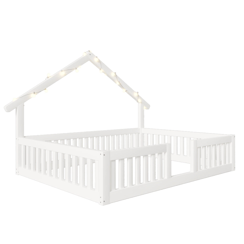 Letto casetta bianco 140x200 cm in legno con sponde di sicurezza e luci LED calde