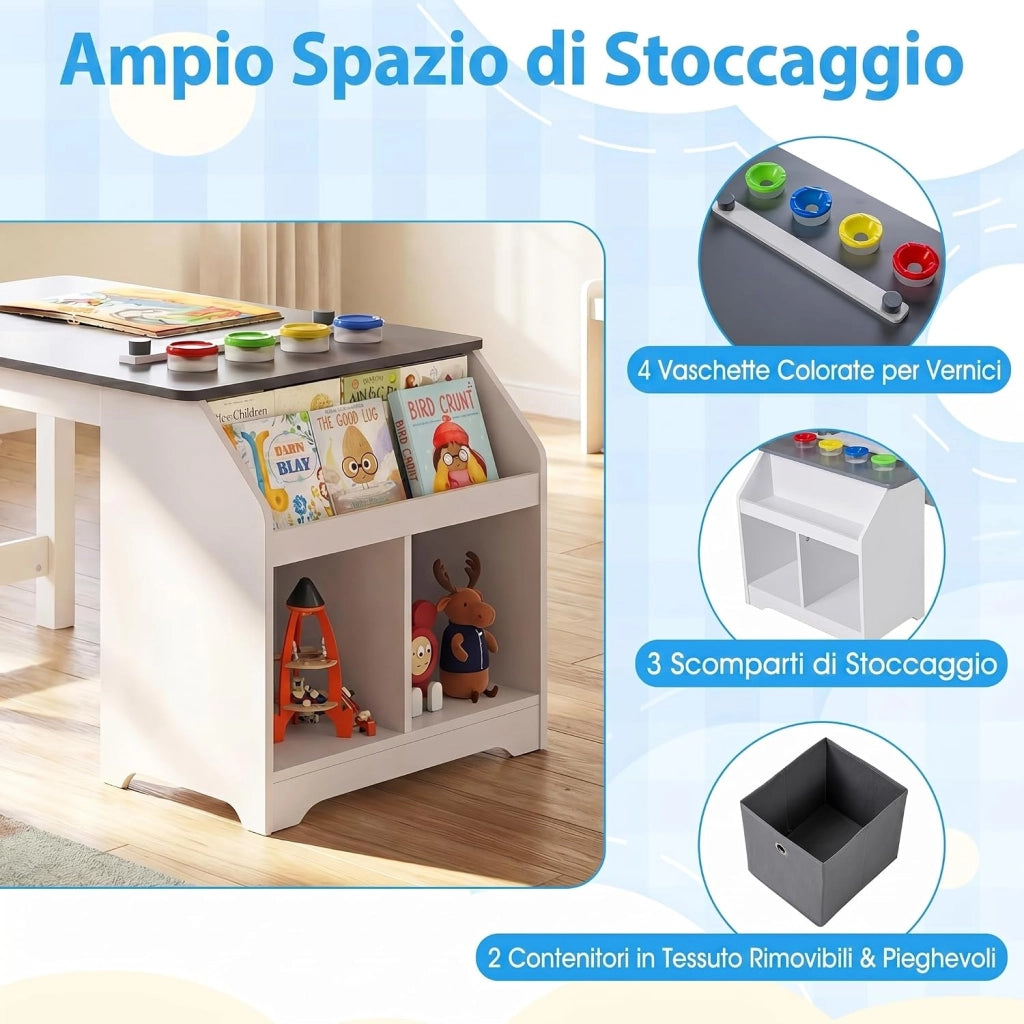 Set Tavolo e Sedia per Bambini 3+ Anni con Rotolo di Carta | Tavolo da Disegno con Sgabello, 4 Vaschette, 3 Scomparti e 2 Cassetti in Tessuto per Cameretta e Sala Giochi