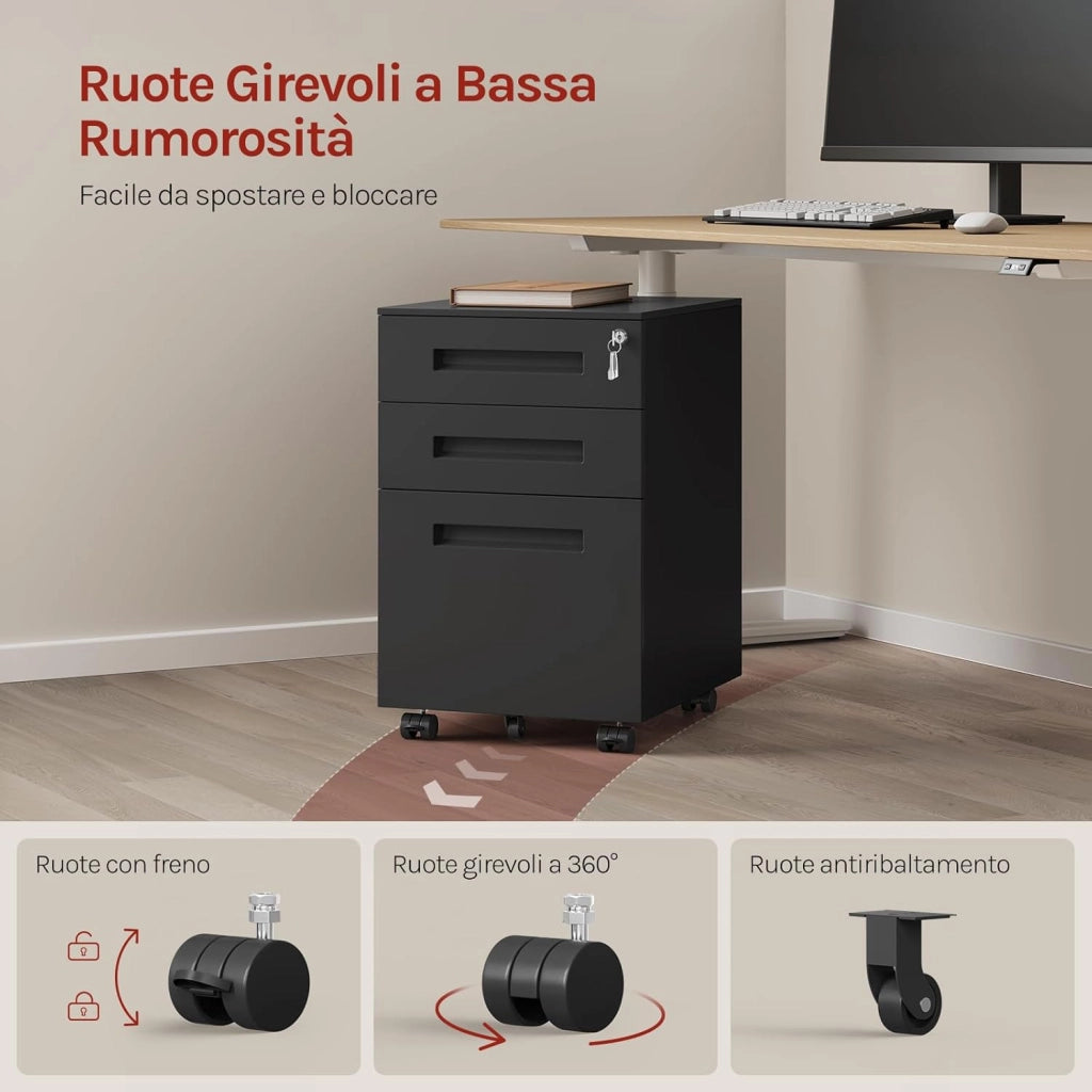 Cassettiera da Ufficio Scrivania Studio con Rotelle Mobiletto con 3 Cassetti e Serratura per Documenti Cartelle Sospese Cancelleria, Pre-Assemblato, metallo Nero SK023sz