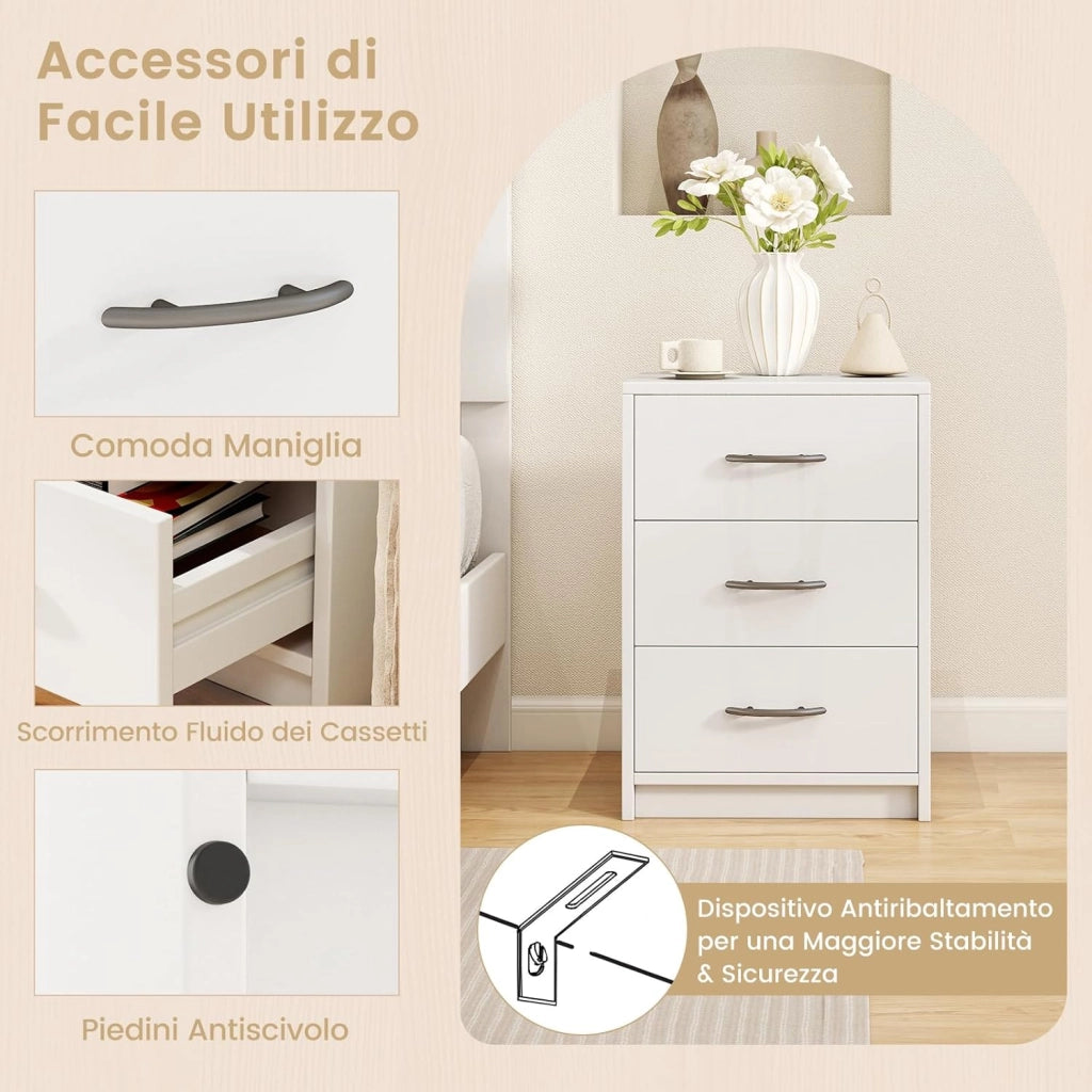 Comodino Camera da Letto con 3 Cassetti, Comodino Salvaspazio in Legno, Comodino Mobile da Letto con Kit Antiribaltamento, per Soggiorno e Studio, 38,5 x 28 x 54 cm (Bianco, 3 Cassetti)