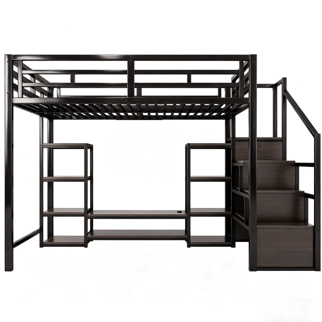 Hochbett 140x200 cm in metallo e MDF con supporto TV, presa integrata e scala contenitore, nero