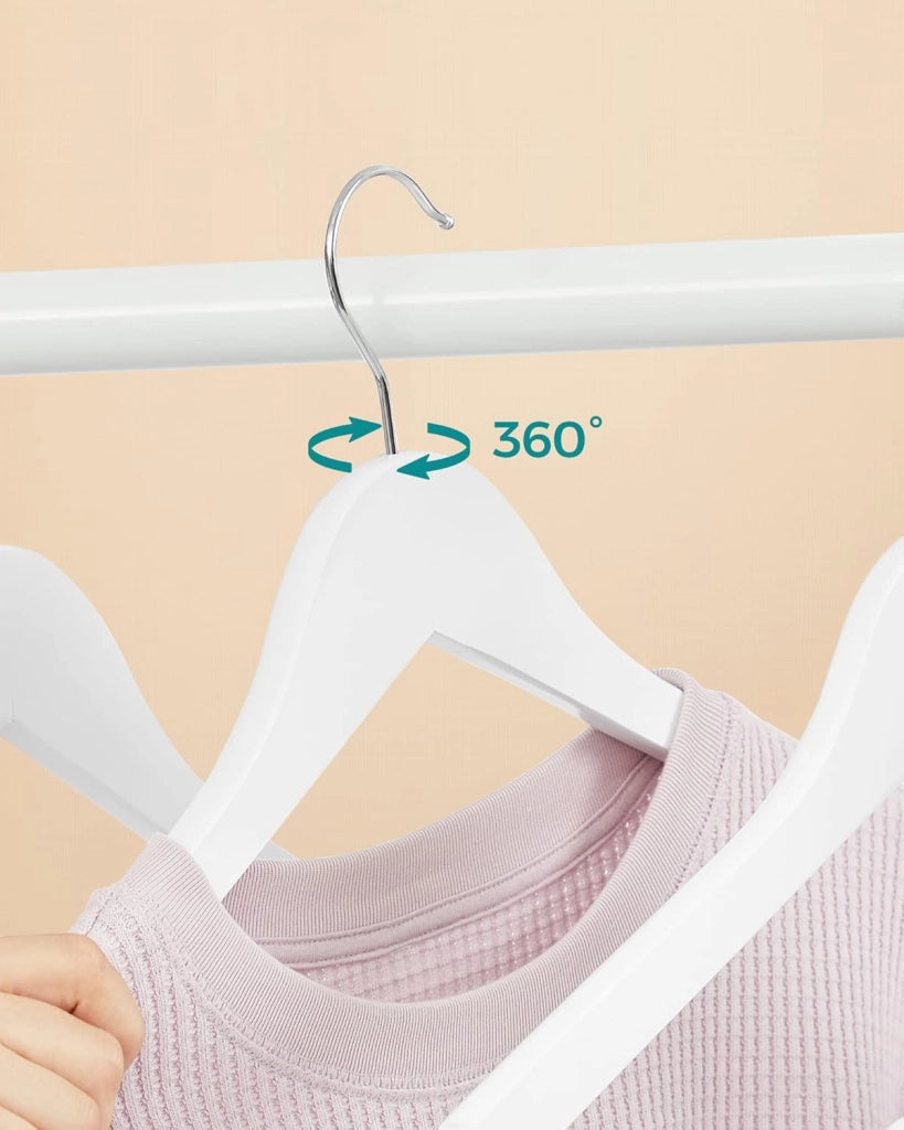 SONGMICS Appendiabiti in legno, 100 pezzi, con tacche antiscivolo, barra antiscivolo per pantaloni, gancio girevole a 360°, per abiti, camicie, cappotti, bianco CRW03W-100