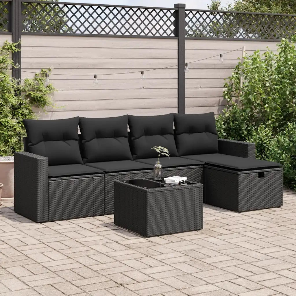 Set Divano da Giardino 6 pz con Cuscini Nero in Polyrattan