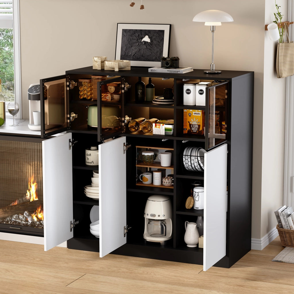 Credenza contenitore con luci LED, 6 ante e 14 scomparti, 100 x 40 x 105 cm, nero e bianco