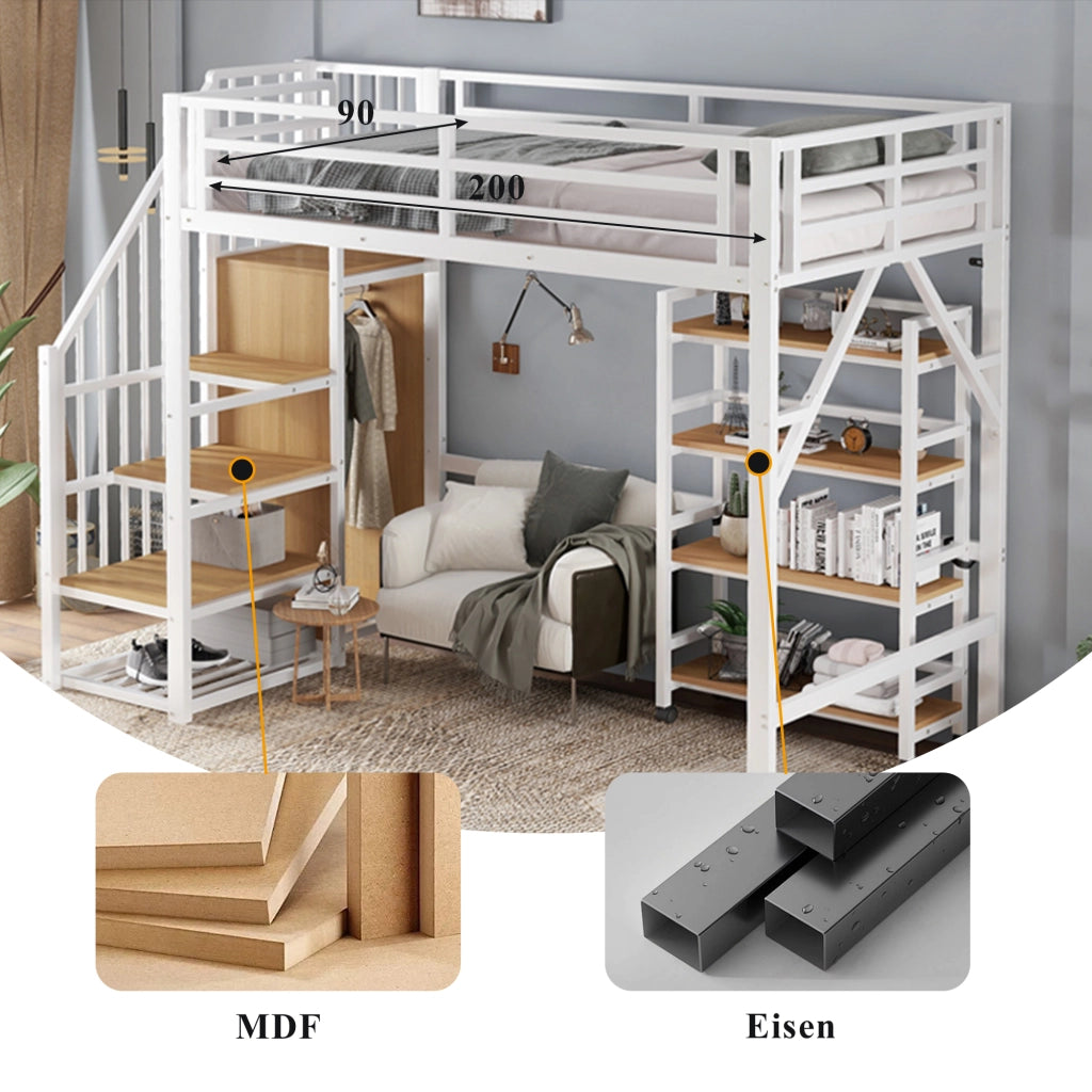 DESMIU Letto a soppalco singolo con armadio ad angolo, scaffale con ruote e barriera 90 × 200 cm, senza materasso