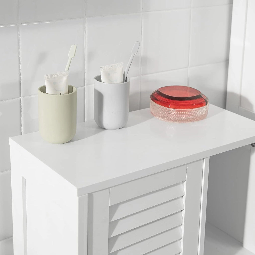 Mobiletto da Bagno – Armadio da Bagno Stretto con Porta Lamellata e 3 Ripiani Aperti, Mobile Salvaspazio, Resistente all'Umidità, Colonna per Cucina e Soggiorno, Bianco, 48x96x24cm, BZR39-W