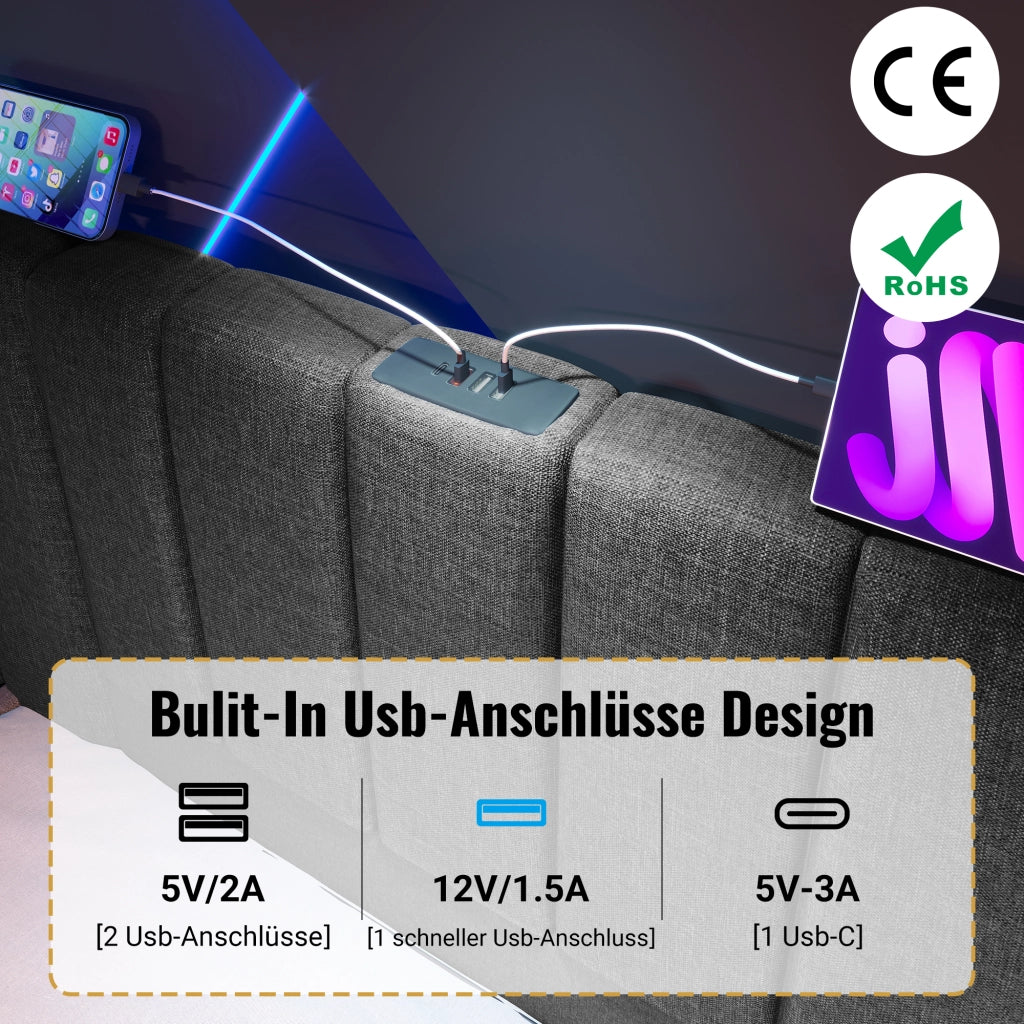 LETTO Contenitore 180x200 cm Grigio in lino con LED e ricarica USB-C