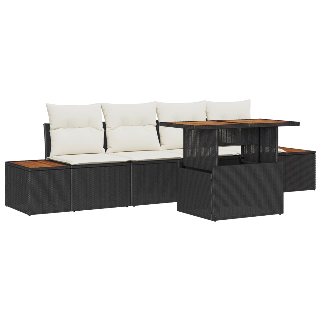 Set da pranzo da giardino 5 pezzi con cuscini in polirattan e acacia nera