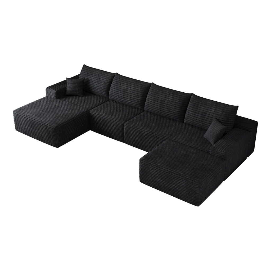 Divano angolare modulare con chaise longue e schiuma elastica in tessuto a coste nero