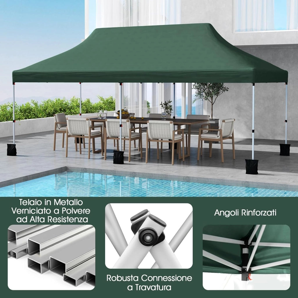 Gazebo Pieghevole da Giardino 3 x 6m, Gazebo Pop-up con Borsa da Trasporto, Regolabile in Altezza, per Feste (Verde)