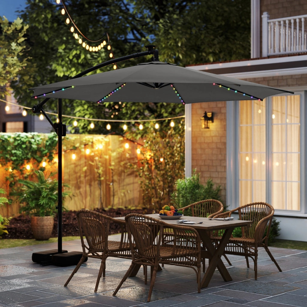 Ombrello a braccio con luci LED regolazione facile dell'inclinazione, Ombrello sospeso solare con base Grigio-Ombrelloni