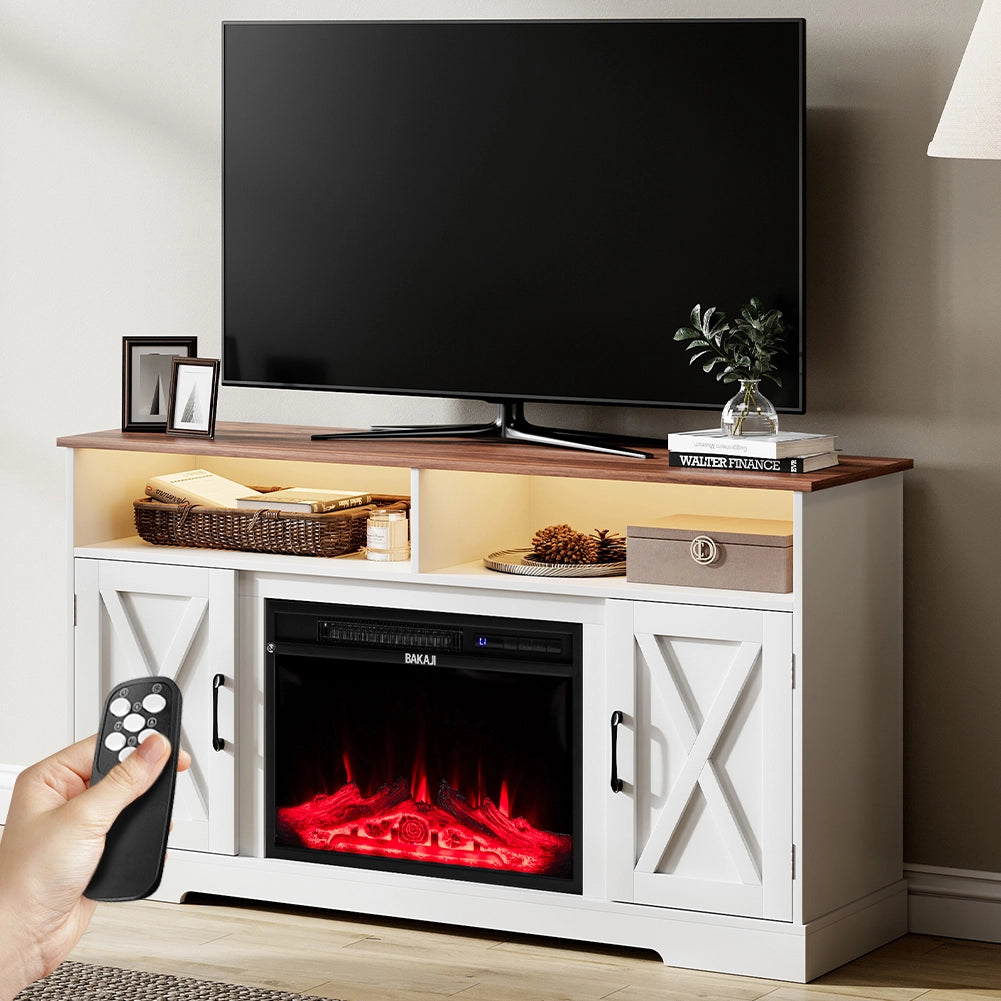 Mobile TV Bianco e Legno Camino Elettrico Effetto Fiamma 3D Telecomando Luci RGB