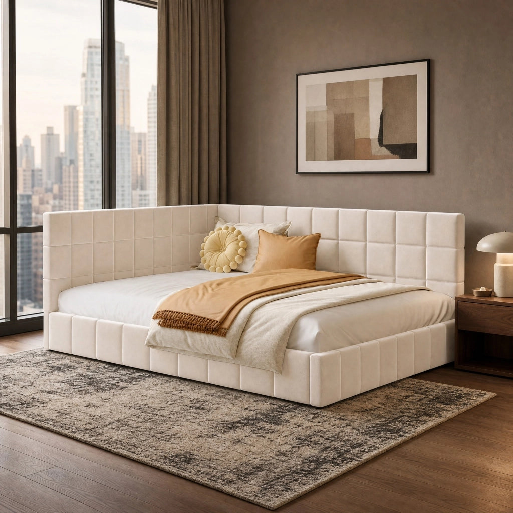LETTO Giorno 140x200 cm in tessuto beige con rete a doghe