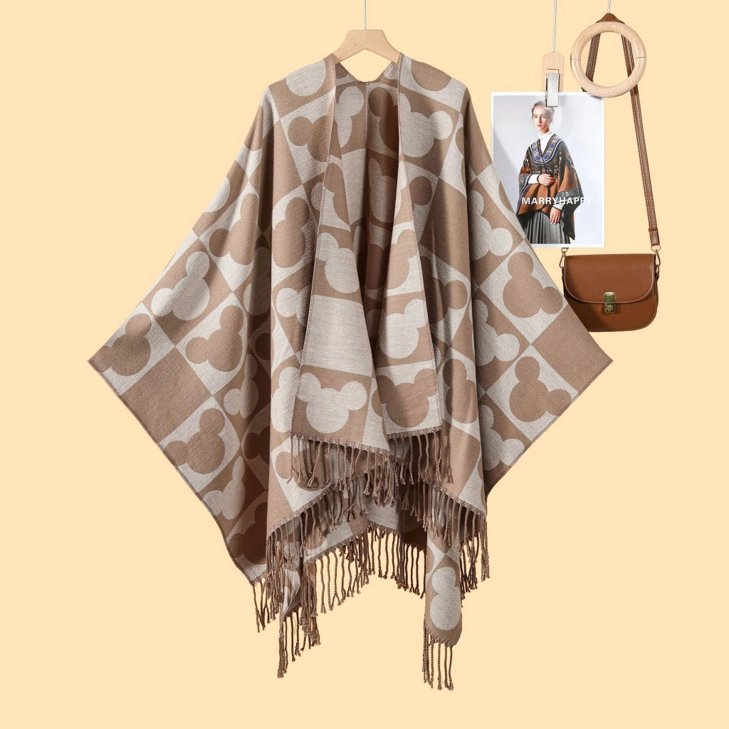 Nuovo scialle monocromatico con nappe, diviso, double-face, jacquard 3D a onde, caldo cashmere