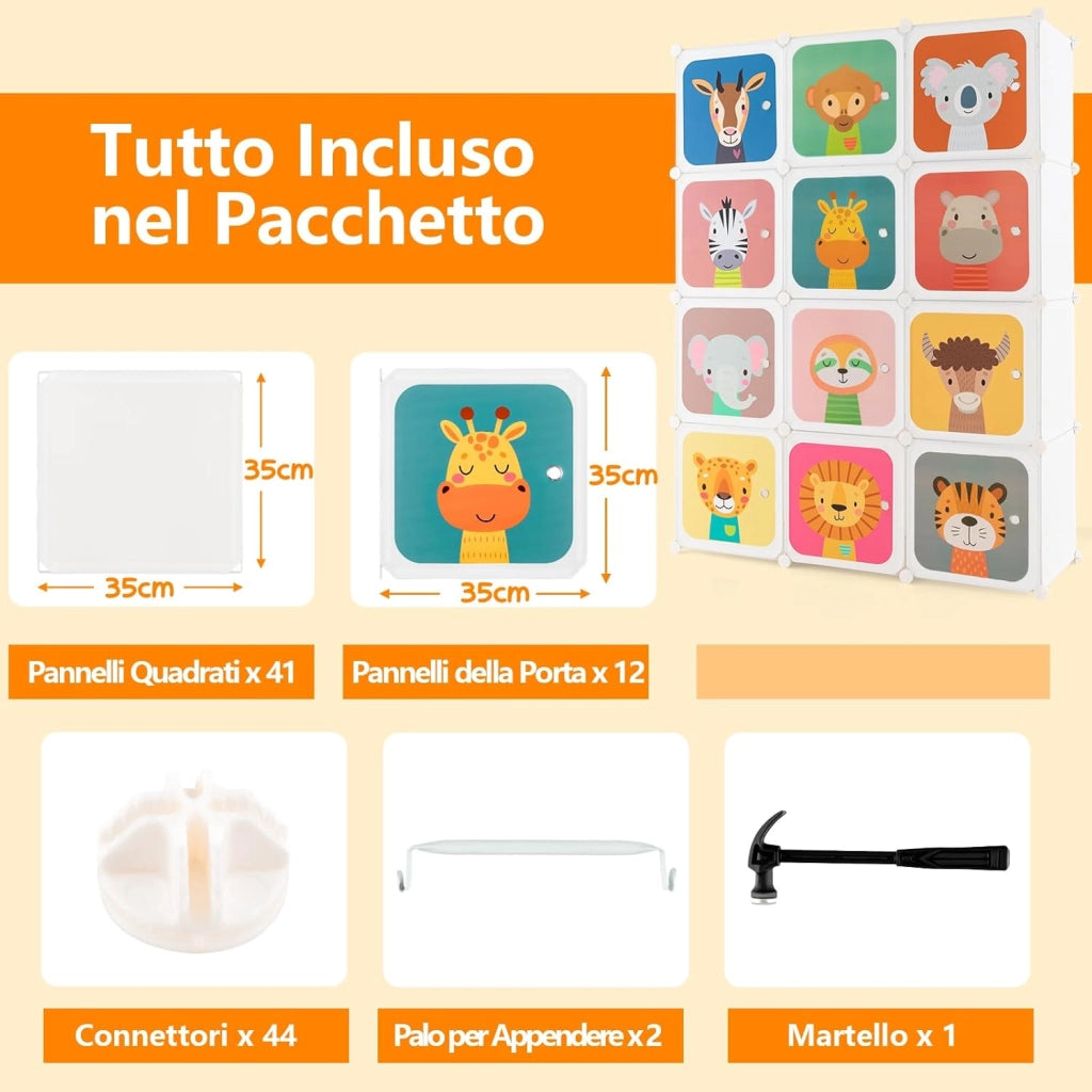 Guardaroba Portatile per Bambini, Armadio Portatile con 12 Cubi, Organizzatore Modulari per Camera dei Bambini Soggiorno, 109 x 35 x 145 cm (Bianco)