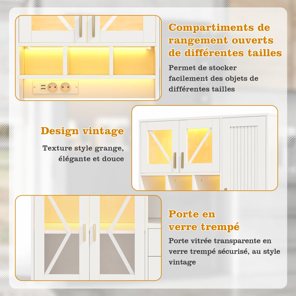 Credenza con LED a colori e prese, ante in vetro e ripiani regolabili, per cucina e soggiorno, bianca 185 × 105 × 40 cm
