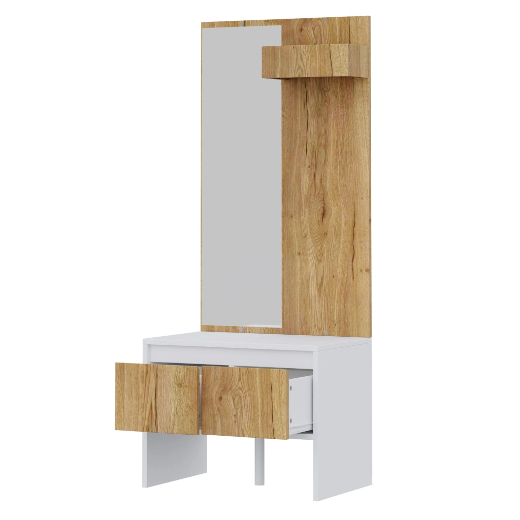 Set ingresso salvaspazio con appendiabiti, ganci, specchio, panca portascarpe e 2 cassetti, bianco e naturale, 60¡Á38¡Á145 cm