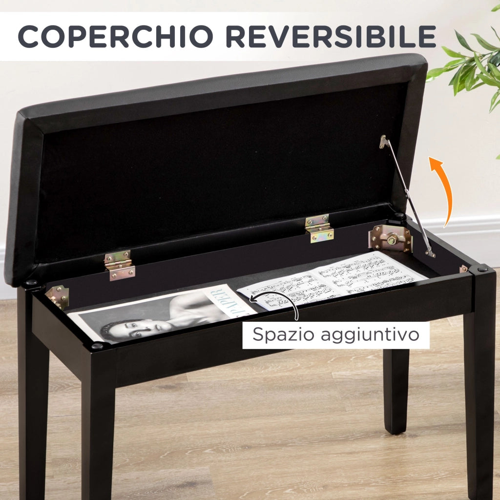 Sgabello per Pianoforte con Contenitore 75x35x49cm  in Legno e Finta Pelle Nero