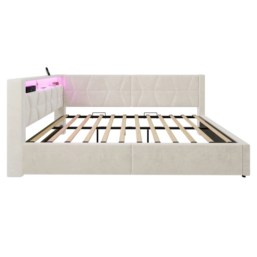 Letto Contenitore 140x200 cm con USB; Type-C e LED; in Velluto Beige