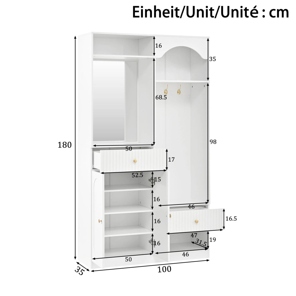 Guardaroba da ingresso 100x35x180 cm con specchio; appendiabiti; panca e LED in MDF bianco