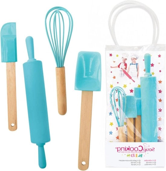Set di cucito per bambini - Pacchetto da 4 - Set di regalo - Spatola, cucchiaio, ciotola, manico - Legno e silicone - Torta, biscotti - 1133