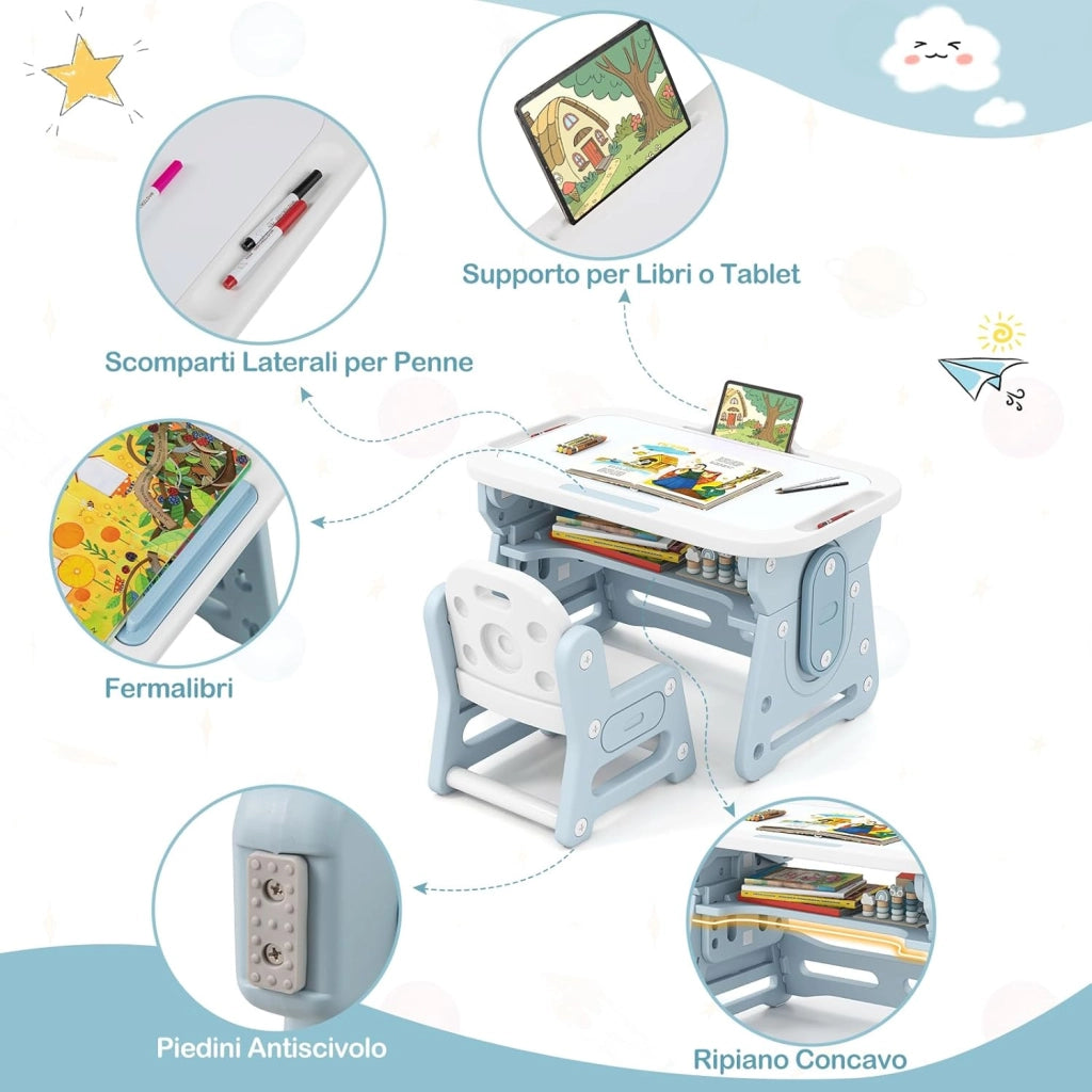 Set Tavolo e Sedia per Bambini 3+ Anni, Tavolo Regolabile in Altezza con Lavagna Inclinabile, Sedia Ergonomica, Supporto per Libri e Ripiano Concavo, per Disegnare e Leggere (Blu)