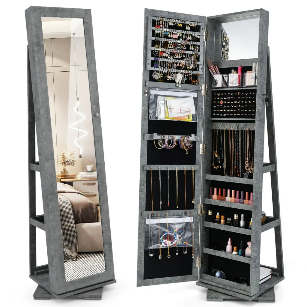 Mobiletto portagioie girevole 2 in 1 39 x 39 x 161 cm spazio di archiviazione ottimizzato specchio a figura intera design moderno in MDF grigio scuro 20_0019106