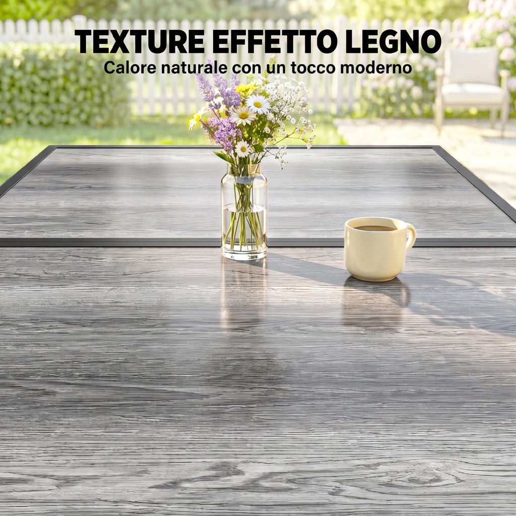 Tavolo da Giardino 4-6 Persone con Piano Effetto Legno, in Acciaio e Plastica PSPC, 150x80x74 cm, Grigio e Nero