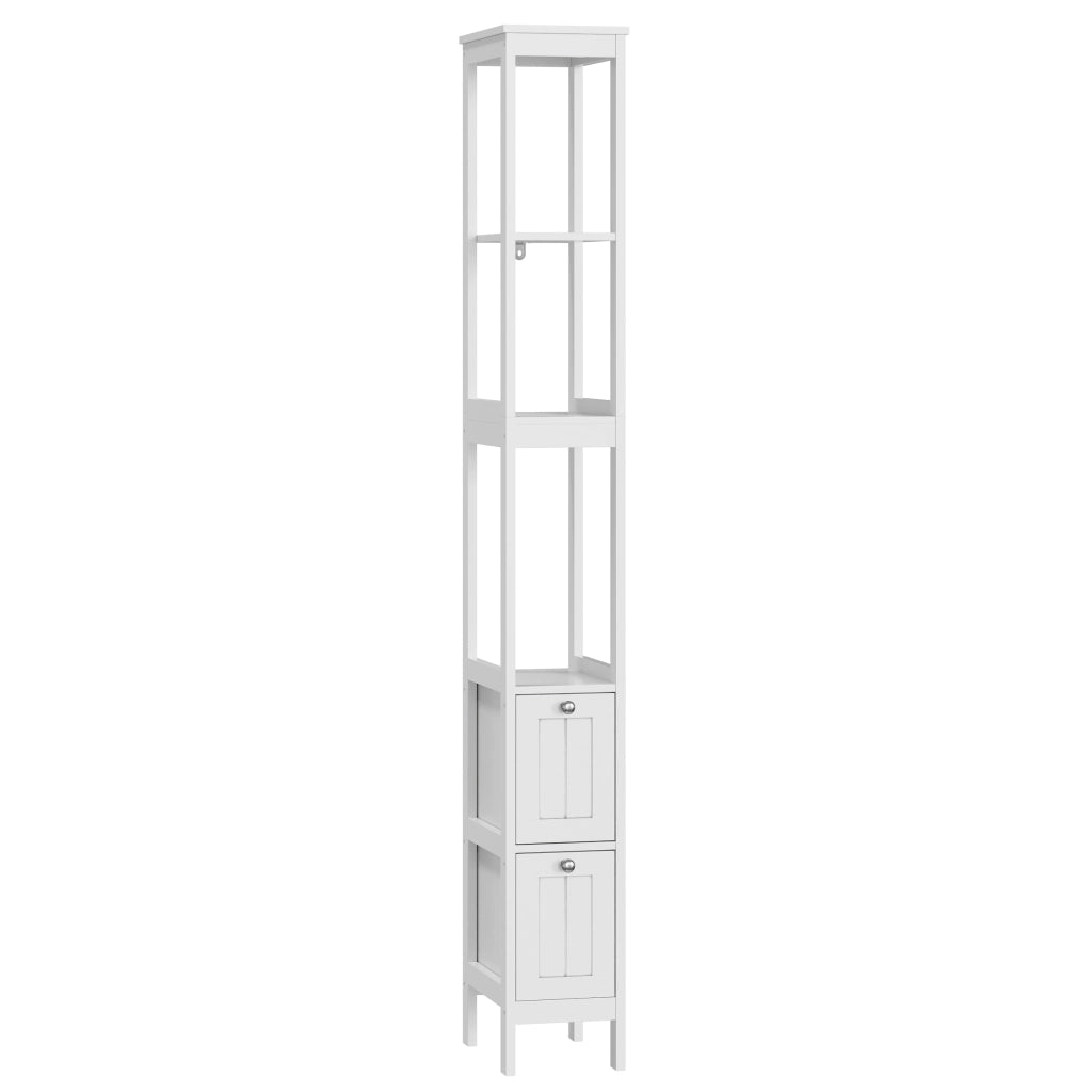 Mobile colonna bagno stretto salvaspazio, 20 x 30 x 160 cm, bianco, con 2 cassetti e 3 ripiani aperti