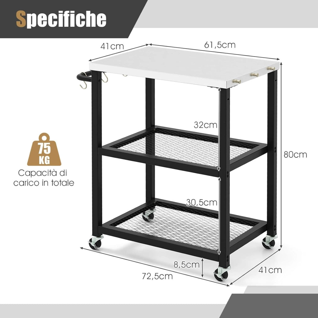 Carrello Grill da Esterno a 2/3 Piani, Supporto per Forno per con Piano e Maniglia in Acciaio Inossidabile, Carrello per Barbecue con Ganci e Ruote, Multiuso(3 Livelli)