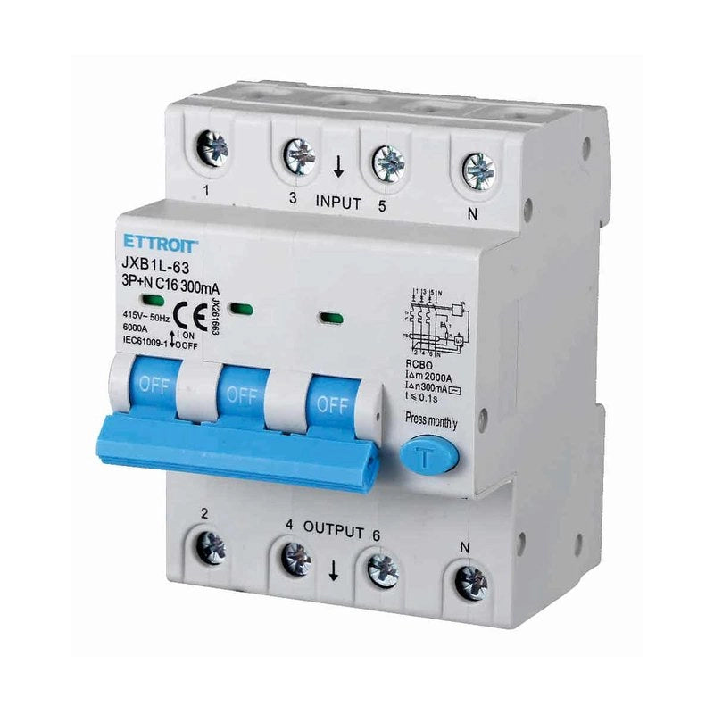 Interruttore Magnetotermico Differenziale 3P+N 16A 6KA 300mA 380V Occupa 4 Moduli DIN