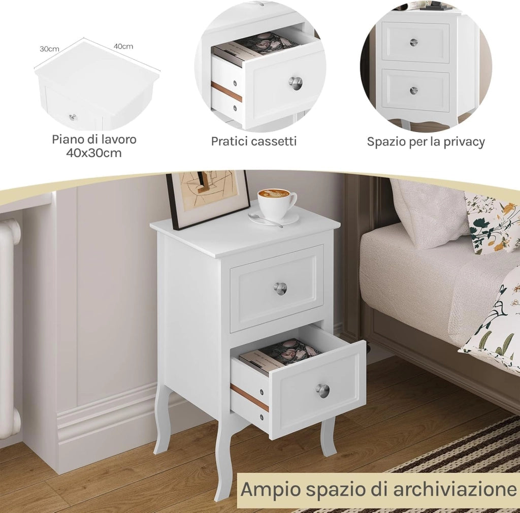 Comodino Shabby Chic Bianco con 2 Cassetti per Camera da Letto Comodino da Notte in MDF 40x30x60cm TS119ws