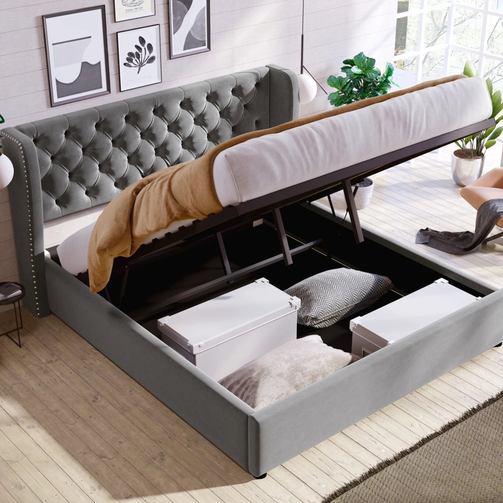 Letto imbottito in velluto grigio con contenitore e rete a doghe