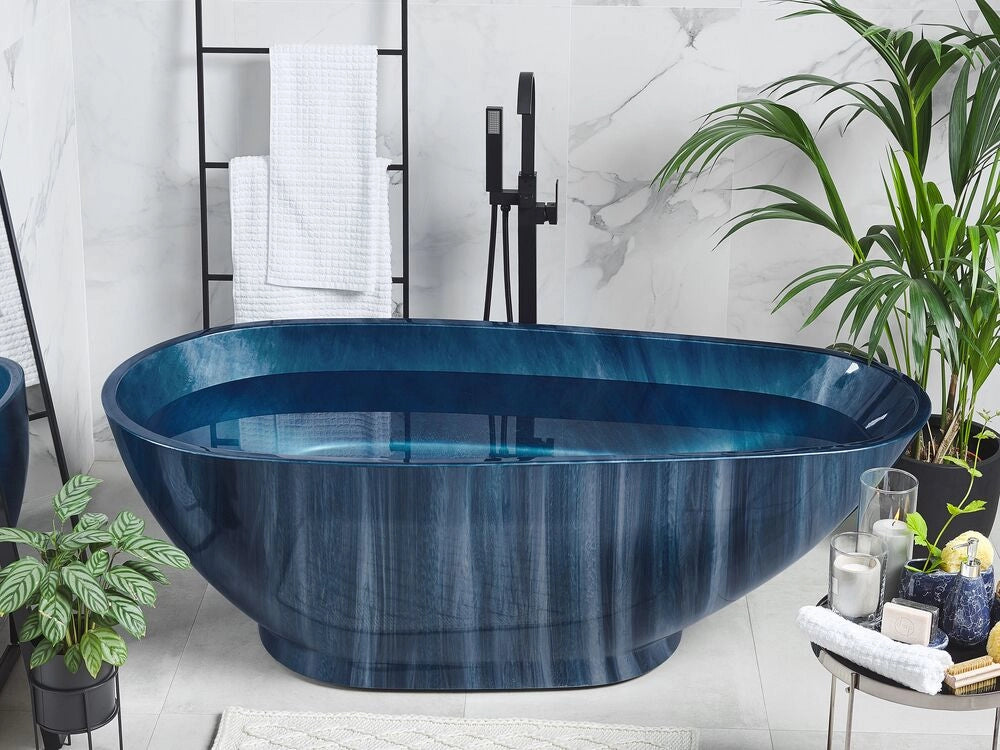 Vasca da bagno freestanding blu navy effetto marmo sanitario acrilico singolo 170 x 80 cm ovale design moderno