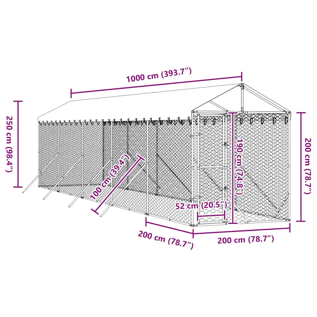 Cuccia Cani da Esterno Tetto Argento 2x10x2,5 m Acciaio Zincato 3190484