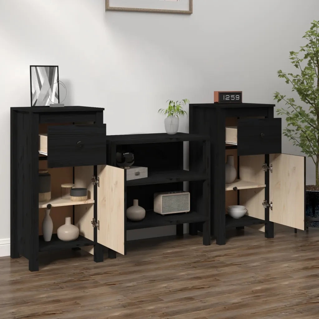 Credenze 2 pz Nere 40x35x80 cm in Legno Massello di Pino 813763