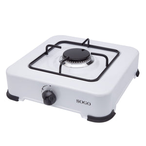 SOGO Fornello a Gas Portatile 1 Fuoco – GPL G30, 1,85kW, Bianco Smaltato, Controllo Fiamma, Uso Esterno, Bruciatore Ø84,5 mm, Senza Coperchio