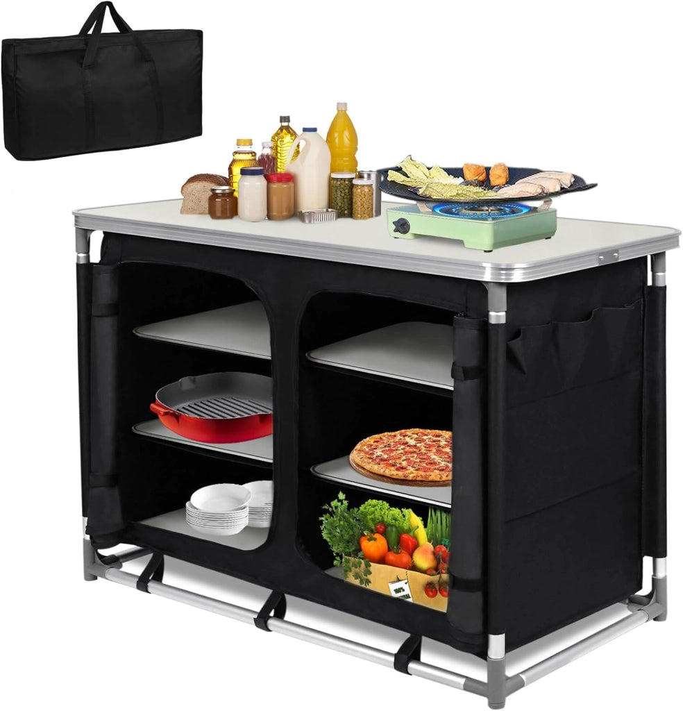 FIVMEN Cucina da campeggio pieghevole armadio da campeggio con struttura in alluminio e scomparti portaoggetti, da cucina, da campeggio, per attività all'aperto, campeggio, cucina
