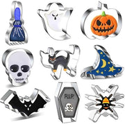 Forme di biscotti Halloween, 9 pezzi in acciaio inossidabile: fantasma, pipistrello, zuccherino, gatto, scopa strega