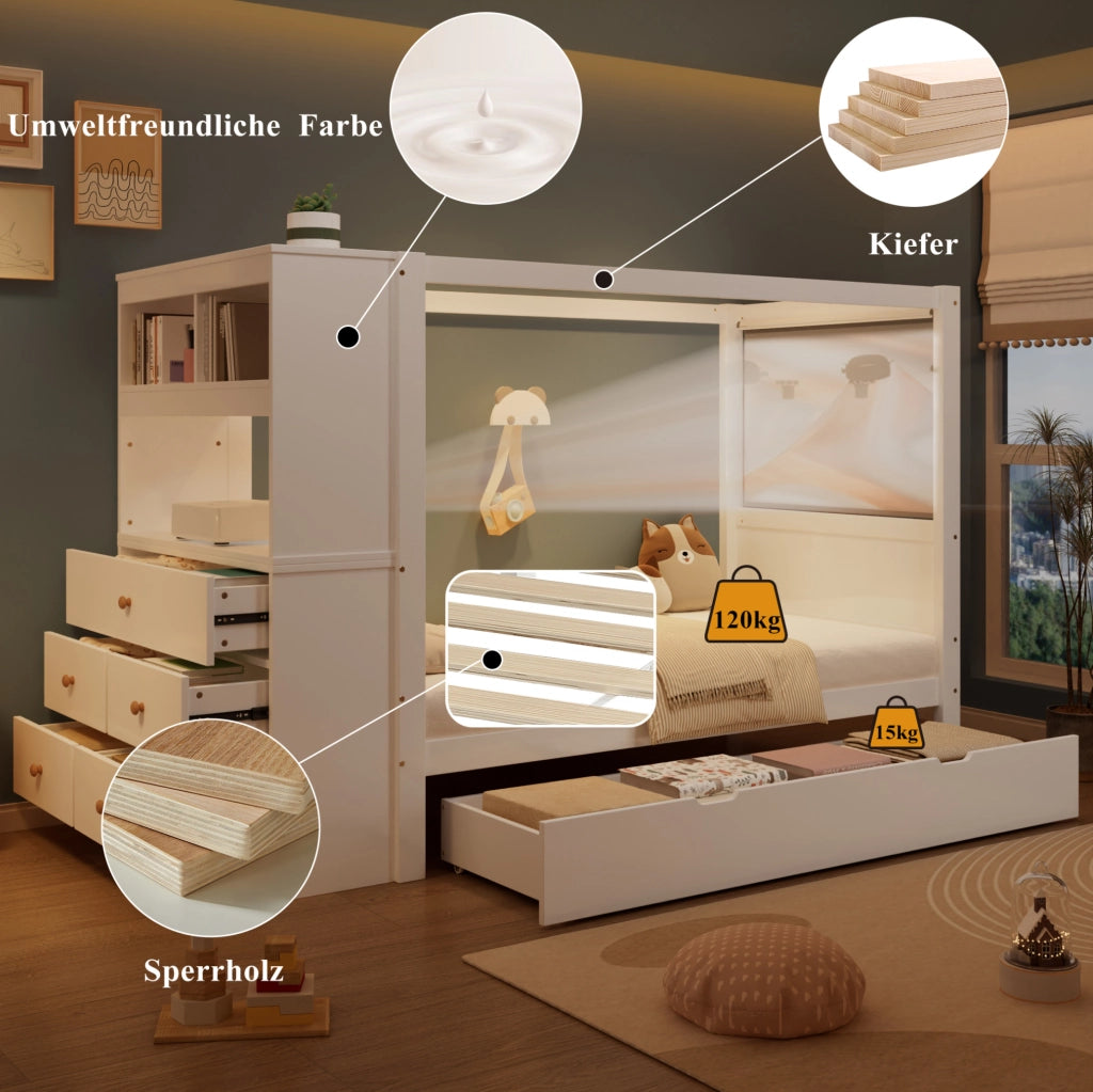 Letto singolo per bambini 90x200 cm con contenitore, bianco