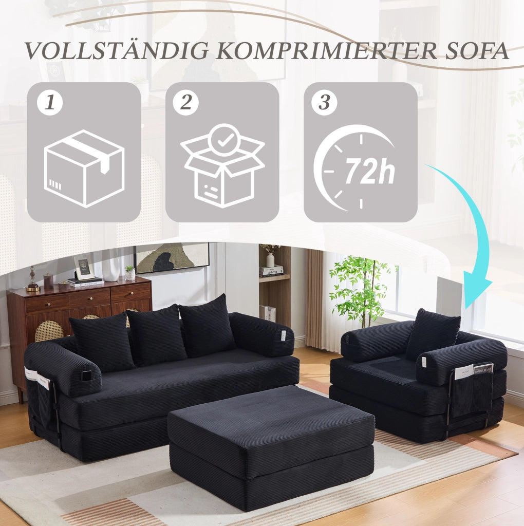 Divano modulare 4 posti ULEVR 200x190x67 cm con pouf, tasca laterale e 3 cuscini, velluto a coste nero
